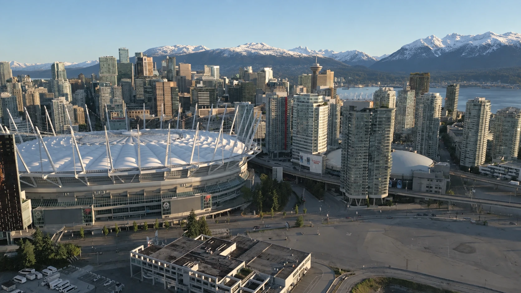 Vancouver skyline beneath the snow-capped North Shore mountains